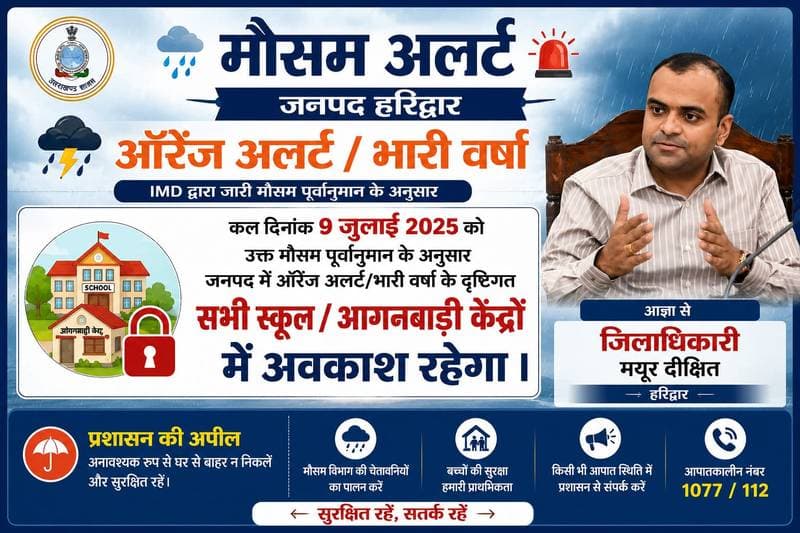 हरिद्वार- कल 9 जुलाई को भारी बारिश के चलते सभी स्कूल और आंगनबाड़ी केंद्र रहेंगे बंद