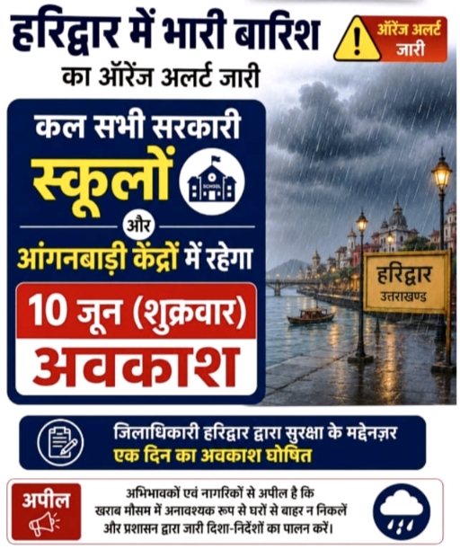 हरिद्वार : कल 10 जुलाई को भी भारी बारिश के चलते सभी स्कूल और आंगनबाड़ी केंद्र रहेंगे बंद